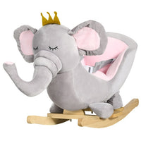 Qaba Baby Rocking Horse Elephant Rocking Chair Toddler Rocker Toy With Sound Wooden Base Seat Safety Belt For 1.5-3 Year Old, Gray