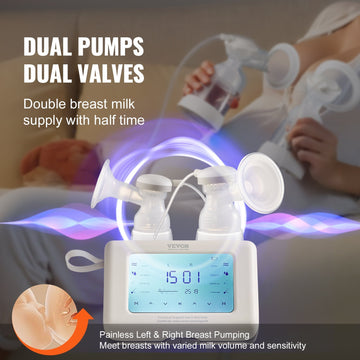 VEVOR Breast Pump, Single Double Adjustable Electric Breast Pumps, 4 Modes Reciprocating Piston Pumps, 4000mAH Anti-Backflow BreastfeedingPump With 300mmHg High Suction,