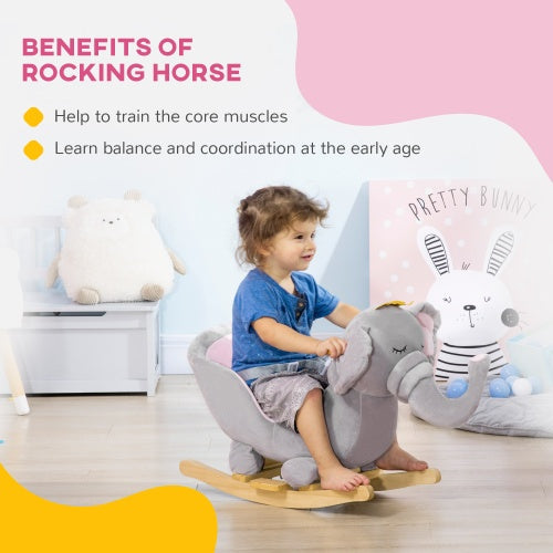 Qaba Baby Rocking Horse Elephant Rocking Chair Toddler Rocker Toy With Sound Wooden Base Seat Safety Belt For 1.5-3 Year Old, Gray