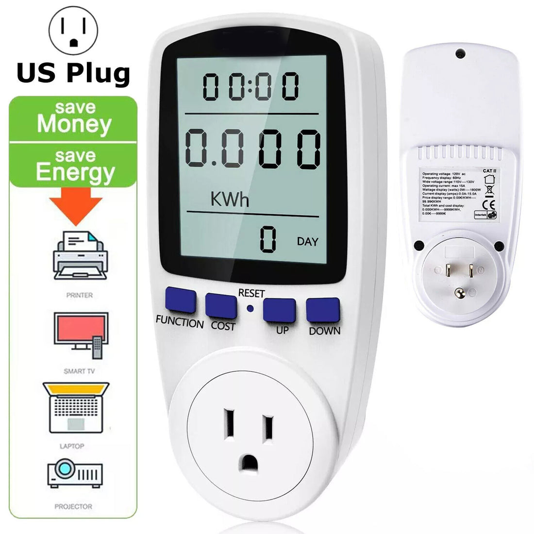 Digital Power Saving Energy Monitor Watt Amp Volt KWh Meter Electricity Analyzer Power Meter Plug, Power Consumption Monitor   With Digital LCD Display