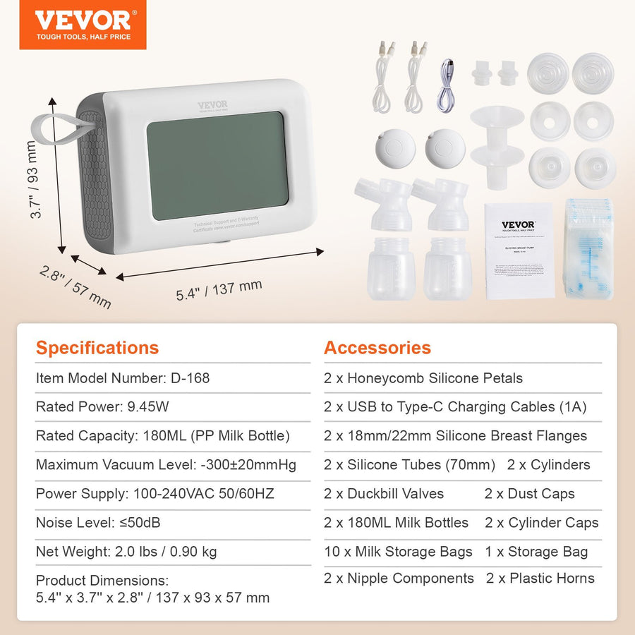 VEVOR Breast Pump, Single Double Adjustable Electric Breast Pumps, 4 Modes Reciprocating Piston Pumps, 4000mAH Anti-Backflow BreastfeedingPump With 300mmHg High Suction,